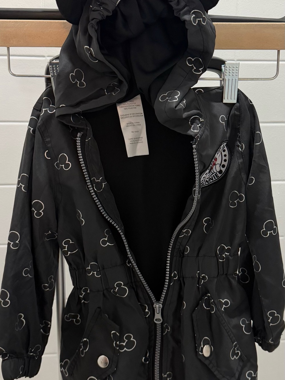 Disney Black Hooded Raincoat with White Outline Mickey Print